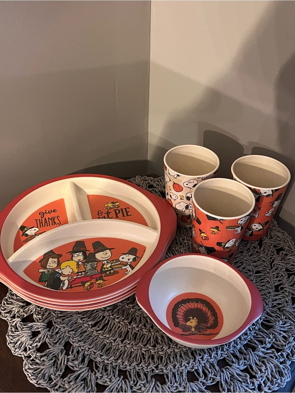 Thanksgiving Peanuts Kids Dinner Set - lot of 7 Snoopy Charlie Brown pumpkin